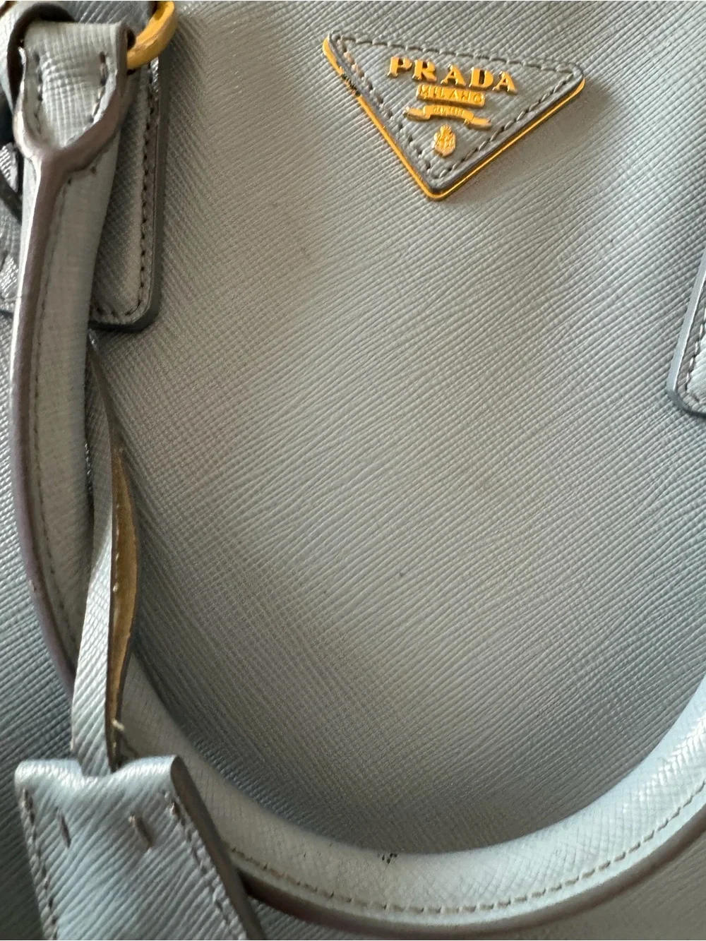 Prada Light Blue Saffiano Leather Satchel with Gold Hardware